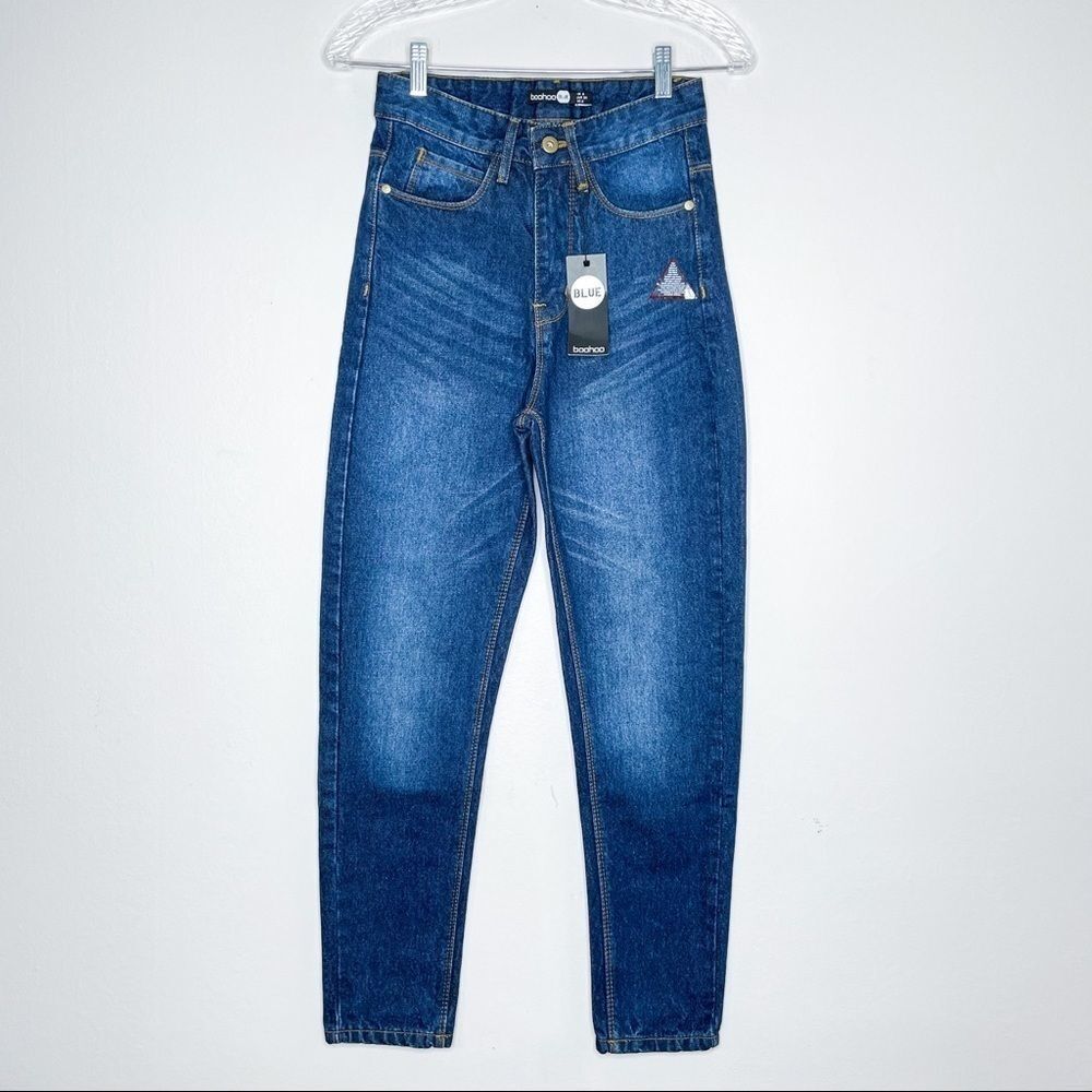 Boohoo blue high rise boyfriend mom jeans dark wash size 2‎ NEW NWT